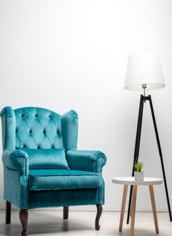 Elegant Velour Blue Armchair with Pillow - Image 2