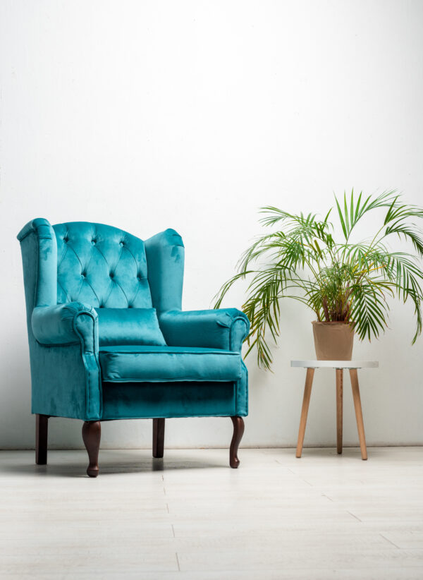 elegant velour blue armchair with pillow
