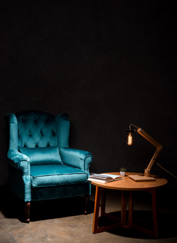 elegant velour blue armchair with pillow